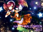  1girl bat_wings bow candy cup dress halloween hose long_hair maid multicolored_eyes orange_dress original redhead sazanami_shione smile solo star teacup thigh-highs twintails wings zettai_ryouiki 