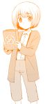  1boy armin_arlert blush book long_sleeves manga_(object) marimo_danshaku monochrome shingeki_no_kyojin short_hair solo young 
