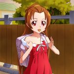  1girl backpack bag bare_shoulders brown_hair candy collarbone dokidoki!_precure half_updo highres lollipop long_hair madoka_aguri mont_blanc_(heartcatch_ayaya) mouth_hold off_shoulder precure randoseru red_eyes tree 