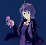  1girl aru_(alfalfa-aer) bangs blunt_bangs hair_ornament holding jacket low_twintails purple purple_background side_glance simple_background solo stuffed_animal stuffed_toy twintails violet_eyes vocaloid yuzuki_yukari 