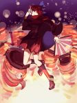  1girl boots bow cape chouchin_obake fan folding_fan fox_mask grin hair_bow lantern luckyia mask redhead sekibanki skirt smile solo tongue touhou 