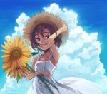  black_eyes black_hair dress flower hat idolmaster kikuchi_makoto sky smile straw_hat sunflower tengutan 