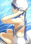  1girl asmind blue_eyes blue_hair hair_ornament hairpin highres kantai_collection long_hair personification samidare_(kantai_collection) sitting solo swimsuit very_long_hair 