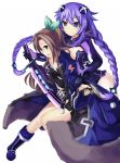  2girls belt blue_eyes bodysuit boots braid breasts brown_hair choker choujigen_game_neptune coat cross-laced_footwear green_eyes hair_ornament hair_ribbon hand_gun highres if_(choujigen_game_neptune) long_hair lu_hao_liang multiple_girls open_mouth purple_hair purple_heart ribbon side_ponytail sitting smile sword twin_braids very_long_hair weapon 