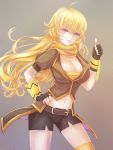  1girl blonde_hair breasts cleavage fingerless_gloves gauntlets gloves highres long_hair rwby solo violet_eyes yang_xiao_long 
