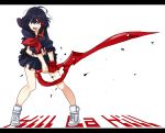  1girl black_hair blue_eyes copyright_name kill_la_kill letterboxed matoi_ryuuko midriff school_uniform scissor_blade senketsu serafuku shoes short_hair shun-syun single_glove skirt sneakers solo suspenders 