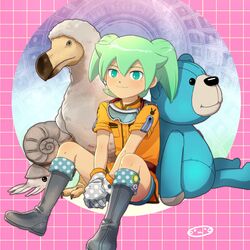  2boys boots dodo_(bird) fei_rune gloves goggles green_eyes green_hair inazuma_eleven_(series) inazuma_eleven_go inazuma_eleven_go_chrono_stone male mizuhara_aki multiple_boys nautilus_(animal) no_pupils sitting stuffed_animal stuffed_toy teddy_bear wonderbat 