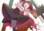  1girl black_legwear boots breasts brown_eyes brown_hair gatchaman_crowds hair_ornament ichinose_hajime large_breasts long_hair pantyhose scissors short_sleeves skirt smile solo takahero 