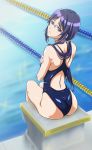  1girl black_hair competition_swimsuit glasses highres long_hair looking_back loveemon muroto_aki one-piece_swimsuit photokano poolside sitting swimsuit 