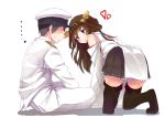  1boy 1girl admiral_(kantai_collection) ahoge all_fours blush boots brown_hair detached_sleeves japanese_clothes kantai_collection kongou_(kantai_collection) long_hair military military_uniform simple_background sitting skirt thigh_boots thighhighs uniform white_background yuui_hutabakirage 
