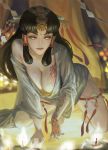  1girl all_fours ass breasts candle cleavage fire headdress leaning_forward long_hair looking_at_viewer off_shoulder original red_eyes shide solo tattoo very_long_hair xiaji 