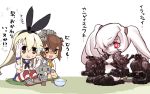  3girls bikini blonde_hair bowl brown_eyes brown_hair chibi cup cushion elbow_gloves food food_on_face fruit gloves glowing glowing_eyes hair_ribbon headgear kantai_collection machinery monster multiple_girls open_mouth pear personification raised_hand red_eyes rensouhou-chan ribbon sailor_dress shimakaze_(kantai_collection) southern_ocean_oni striped striped_legwear sweatdrop swimsuit thigh-highs tonami_kanji toothpick turret twintails white_hair yellow_eyes yukikaze_(kantai_collection) 