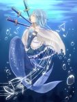  1girl blue_hair bubble cape closed_eyes hair_ornament hairclip mahou_shoujo_madoka_magica mermaid miki_sayaka monster_girl musical_note open_mouth shimotsuki_(ichiruki) short_hair ski skirt solo sword underwear weapon 