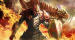  1boy armor davion defense_of_the_ancients dota_2 dragon fire helmet longai male open_mouth red_eyes shield teeth yellow_eyes 