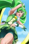  1girl arm_warmers bike_shorts choker cure_march dress fingerless_gloves gloves green green_dress green_eyes green_hair green_legwear haruyama_kazunori long_hair magical_girl midorikawa_nao open_mouth ponytail precure ribbon shorts shorts_under_dress shorts_under_skirt skirt sky smile_precure! solo teal_bike_shorts tiara tri_tails wrist_cuffs 