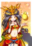  1girl :d ame_no_uzume_(p&amp;d) black_hair egg hair_ornament hong_(white_spider) navel open_mouth payot puzzle_&amp;_dragons smile solo sparkle yellow_eyes 