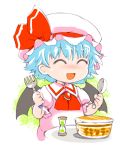  1girl :d bat_wings blue_eyes blue_hair brooch child closed_eyes dress food fork hat hat_ribbon hourglass ichizen_(o_tori) jewelry mob_cap noodles open_mouth pink_dress ramen remilia_scarlet ribbon smile solo spoon touhou wings young 