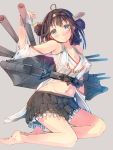 1girl ahoge barefoot blue_eyes blush breasts brown_hair daito detached_sleeves hair_ornament hairband headgear japanese_clothes kantai_collection kneeling kongou_(kantai_collection) long_hair looking_at_viewer midriff navel skirt smile solo wide_sleeves 