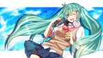  1girl aqua_eyes aqua_hair blush bowtie hair_ornament hairclip hatsune_miku headphones headphones_around_neck long_hair microphone microphone_stand open_mouth skirt smile sweater_vest twintails very_long_hair vocaloid wink yukina_yotsuba 