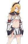  1girl alternate_costume arm_warmers blonde_hair blue_eyes crossover detached_sleeves drawfag gloves hair_ornament highres kirin_(armor) kousaka_kirino long_hair looking_at_viewer midriff monster_hunter ore_no_imouto_ga_konna_ni_kawaii_wake_ga_nai parody pun simple_background sketch smile solo white_background 