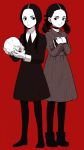  2girls addams_family black_eyes black_hair book braid crossover dress esther_(orphan) momitarou multiple_girls orphan red_background skull spot_color twin_braids twintails wednesday_addams 