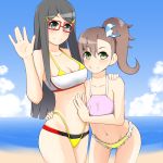  2girls :t beach bikini black_hair breasts brown_hair chousoku_henkei_gyrozetter cleavage clouds female glasses green_eyes hair_ornament hairclip inaba_rinne long_hair may0508 midriff miwa_satori multiple_girls navel ocean red-framed_glasses side_ponytail sky swimsuit waving 