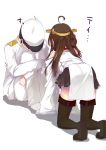 1boy 1girl admiral_(kantai_collection) ahoge all_fours blush boots brown_hair detached_sleeves highres japanese_clothes kantai_collection kongou_(kantai_collection) long_hair military military_uniform simple_background sitting skirt thigh_boots thighhighs translation_request uniform white_background yuui_hutabakirage 