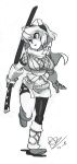  1girl alex_ahad breasts cleavage gloves goggles goggles_on_head highres izuna katana large_breasts legend_of_the_unemployed_ninja mismatched_legwear monochrome scarf sheath sheathed short_hair signature single_thighhigh solo sword thighhighs weapon 