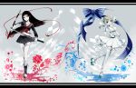  2girls bandages bati15 black_hair blonde_hair blue_eyes bow breasts checkered cleavage drill_hair katana long_hair multiple_girls navel open_mouth original red_eyes ribbon school_uniform scythe serafuku sword thigh-highs twin_drills weapon white_legwear 