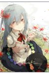  1girl crying flower food fruit hat hat_removed headwear_removed highres hinanawi_tenshi long_hair looking_at_viewer peach petals pink_eyes puffy_sleeves shirt short_sleeves silver_hair sitting skirt smile solo spider_lily touhou very_long_hair yushika 