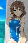  1girl amy_(suisei_no_gargantia) blush braid brown_hair green_eyes hair_ornament highres ocean one-piece_swimsuit open_mouth pon_(shind_997) short_hair smile solo suisei_no_gargantia swimsuit twin_braids water 