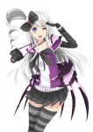  1girl :d fingerless_gloves gloves hair_ribbon long_hair looking_at_viewer open_mouth original ribbon rizky_(strated) side_ponytail silver_hair skirt smile striped striped_legwear thigh-highs violet_eyes winking 