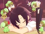  black_hair brown_eyes brown_hair flower hagiwara_yukiho hat hiboshi_daizu highres idolmaster kikuchi_makoto minigirl ribbon short_hair sleeping smile 