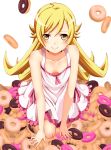  1girl all_fours blonde_hair doughnut long_hair monogatari_(series) nisemonogatari oshino_shinobu tachibana_(cafeberry001) yellow_eyes 