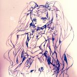  1girl :d finger_to_mouth long_hair milky_rose mimino_kurumi monochrome open_mouth precure simple_background sketch smile solo traditional_media yes!_precure_5 yes!_precure_5_gogo! yuucho_(cololal) 