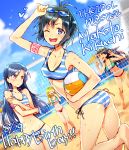  4girls ass beach beach_volleyball bikini black_hair blonde_hair blue_eyes blue_hair character_name english ganaha_hibiki happy_birthday hoshii_miki idolmaster kikuchi_makoto kisaragi_chihaya long_hair multiple_girls redrop short_hair side-tie_bikini striped striped_bikini striped_swimsuit sunglasses swimsuit violet_eyes volleyball volleyball_net wink 