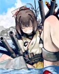  1girl brown_hair closed_eyes clouds highres ise_(kantai_collection) kantai_collection mistrail partially_submerged short_hair sitting sky solo turret water 