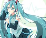  1girl aqua_eyes aqua_hair detached_sleeves hatsune_miku headphones korato long_hair microphone microphone_stand necktie open_mouth skirt solo thighhighs twintails very_long_hair vocaloid 