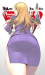  1girl ass blonde_hair business_suit claudia_mccunnen gradient gradient_background green_eyes hand_on_hip highres long_hair looking_at_viewer namaniku_atk pantylines phantom_of_inferno smile solo thighs translation_request 