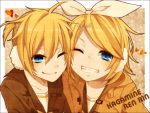  1boy 1girl blonde_hair blue_eyes brother_and_sister cheek-to-cheek earmuffs hair_ornament hair_ribbon hairclip kagamine_len kagamine_rin ribbon short_hair siblings smile twins undertime vocaloid wink winter_clothes 