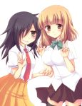  2girls bangs black_hair blunt_bangs bow brown_hair double_v green_eyes hair_over_one_eye kuroki_tomoko long_hair miyata_(miyatami07) multiple_girls naruse_yuu necktie school_uniform skirt thighhighs v watashi_ga_motenai_no_wa_dou_kangaetemo_omaera_ga_warui! 