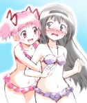  2girls akemi_homura arm_grab bikini black_hair blush hair_ribbon hairband hikari_(mitsu_honey) kaname_madoka long_hair mahou_shoujo_madoka_magica multiple_girls pink_hair ribbon short_twintails swimsuit twintails violet_eyes 