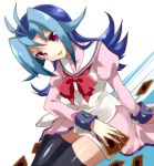  1girl black_legwear blue_hair card holding holding_card irouha kamishiro_rio long_hair looking_at_viewer multicolored_hair open_mouth purple_hair ribbon sitting solo thighhighs two-tone_hair violet_eyes yokozuwari yuu-gi-ou yuu-gi-ou_zexal 