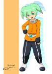  1boy aqua_eyes fei_rune green_hair inazuma_eleven_(series) inazuma_eleven_go inazuma_eleven_go_chrono_stone male mizuhara_aki no_pupils open_mouth simple_background solo standing white_background 