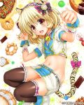  1girl animal_ears bell blonde_hair blush endou_hiroto fang hairband highres jingle_bell navel original short_hair skirt solo sweets tail thighhighs tiger_ears tiger_tail yellow_eyes 