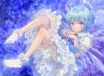  1girl bloomers blue_eyes blue_hair bobby_socks bow cirno dress fingers_together hair_bow ice ice_wings misawa_hiroshi pointy_ears short_hair socks solo touhou traditional_media underwear watercolor_(medium) wings 