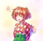  1girl blush closed_eyes flower happy horai kimono motoori_kosuzu redhead ribbon short_hair simple_background skirt smile solo touhou twintails 