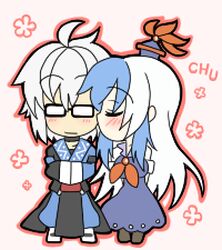 1boy 1girl blush couple glasses grey_hair hetero kamishirasawa_keine kiss kissing_cheek long_hair lowres morichika_rinnosuke sag_(karehabase) touhou white_hair