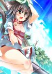  1girl animal_ears bare_legs barefoot blue_sky blush breasts brown_hair cat_ears cat_tail chen clouds condensation_trail fang hand_on_hat hat highres koha open_mouth red_eyes short_hair sky smile solo tail touhou 