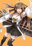  1girl ahoge arm_up bare_shoulders black_eyes blue_eyes blush boots breasts brown_hair detached_sleeves haik hair_ornament hairband headgear highres japanese_clothes kantai_collection kongou_(kantai_collection) long_hair looking_at_viewer open_mouth personification skirt smile solo thigh_boots thighhighs wide_sleeves zettai_ryouiki 